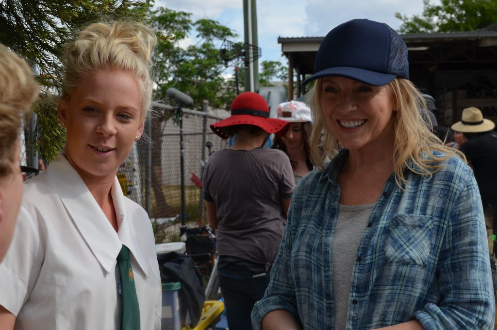 Rebecca Gibney speaking to fans after filming a scene in King St.